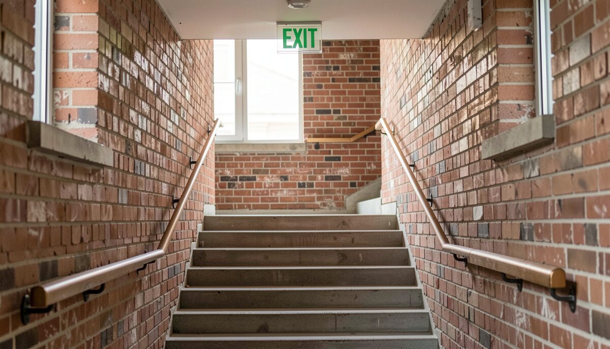 A wide interior stairwell with a handrail and an illuminated exit sign, concrete steps and a brick wall in a renovated building.