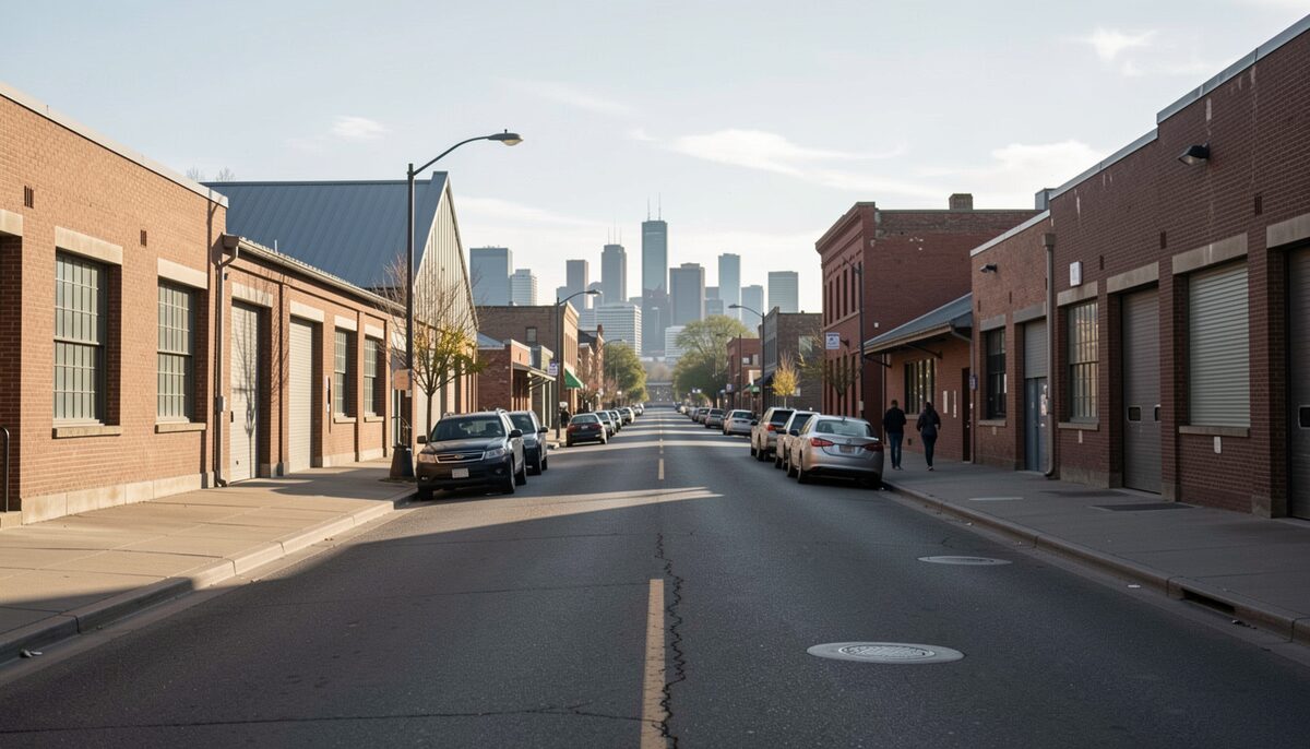 Pedestrian view down a downtown Denver street lined with low brick warehouse buildings and a distant skyline, morning shadows across the pavement.