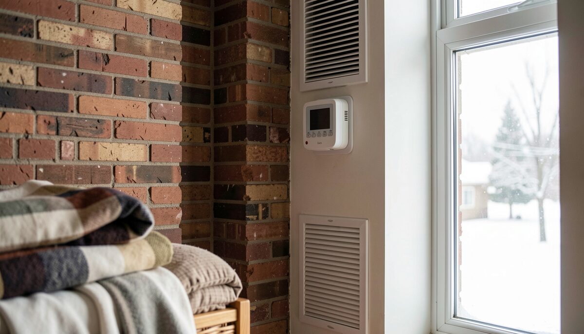A wall mounted thermostat and vent near a tall loft window, with winter light on a brick interior wall and a folded blanket nearby.