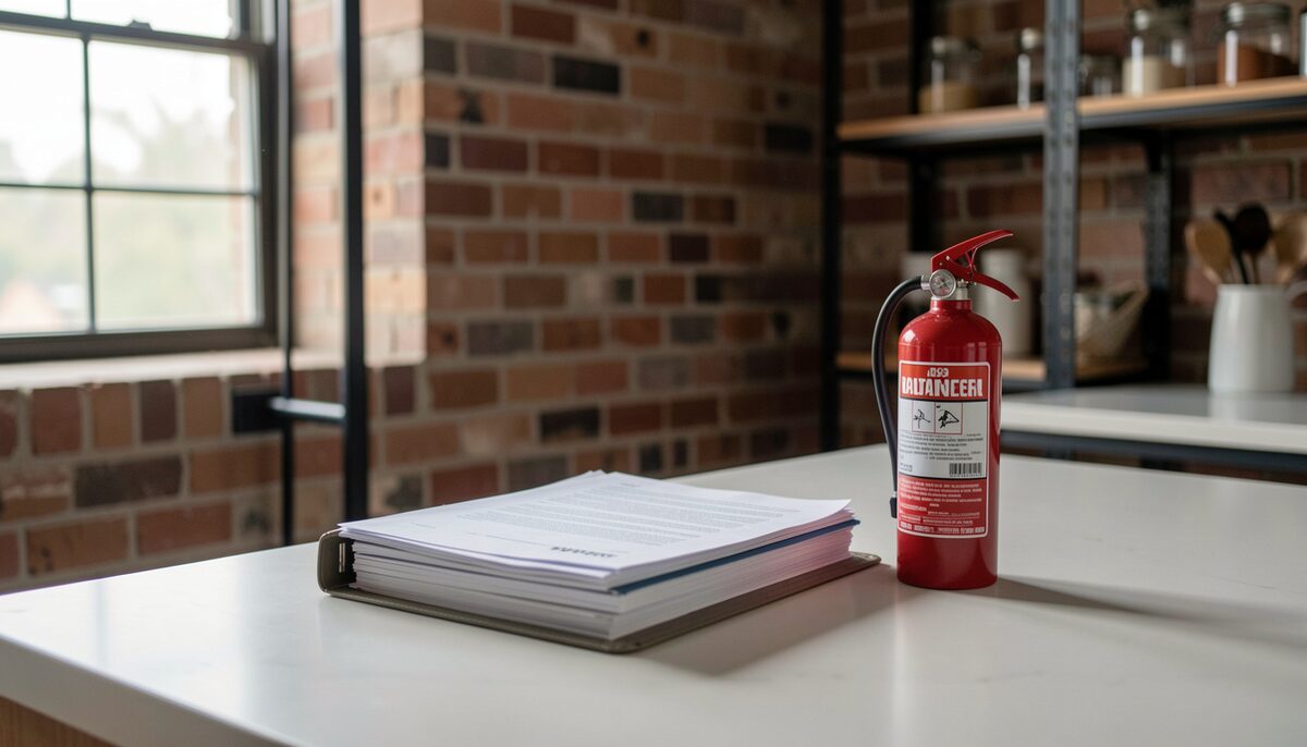 A folder of paperwork and a small fire extinguisher on a kitchen counter inside a loft, with brick wall and steel shelving behind.