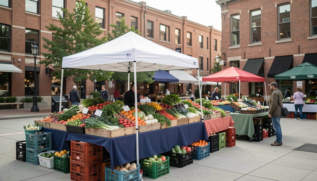 Outdoor produce market stall on a downtown Denver plaza with crates of vegetables, a vendor tent and brick warehouse facades in the background.