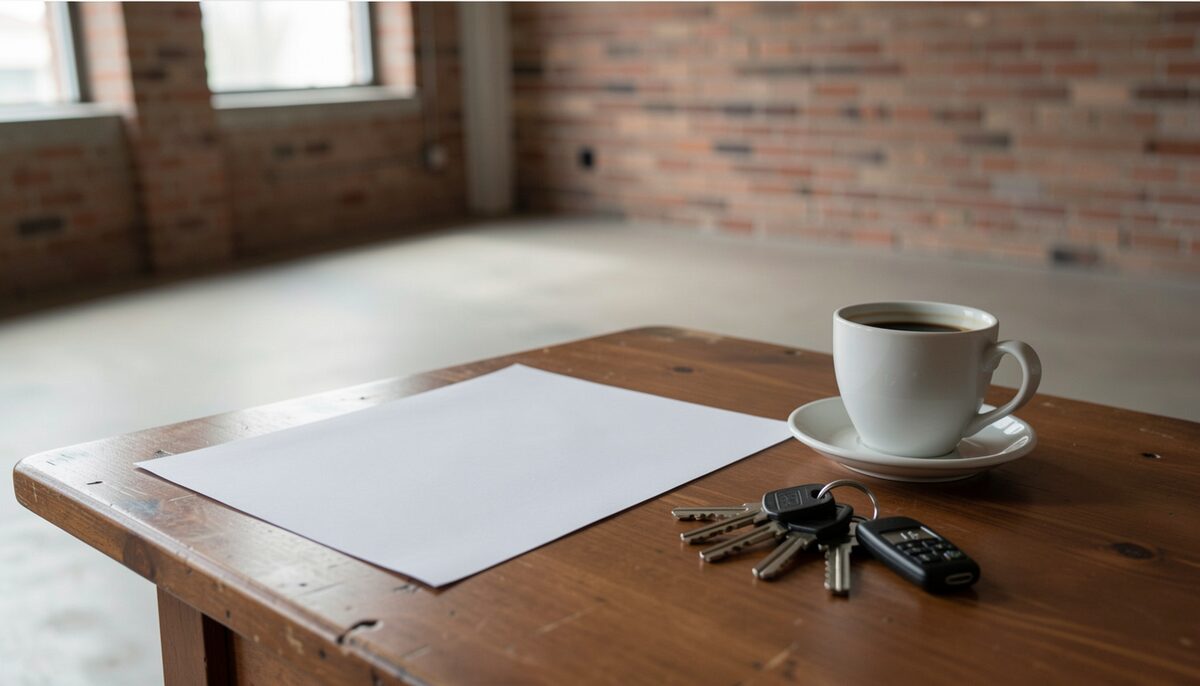 Close view of a blank paper lease on a table beside a set of keys and a coffee cup inside an empty loft with brick walls.