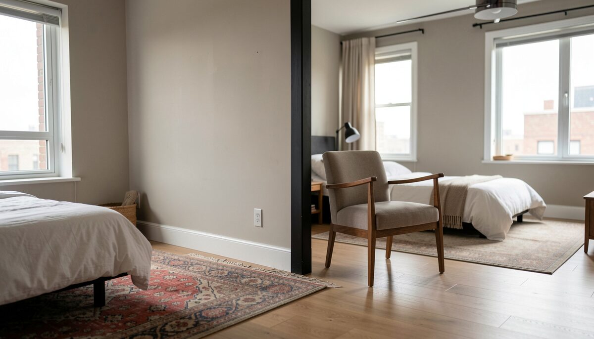An interior loft corner with a free standing partition, a rug and a chair, showing the boundary between sleeping and living zones.