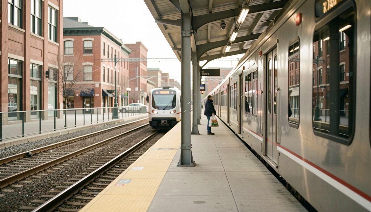 A light rail platform in downtown Denver with a train arriving, a passenger with a grocery bag and brick buildings behind the tracks.