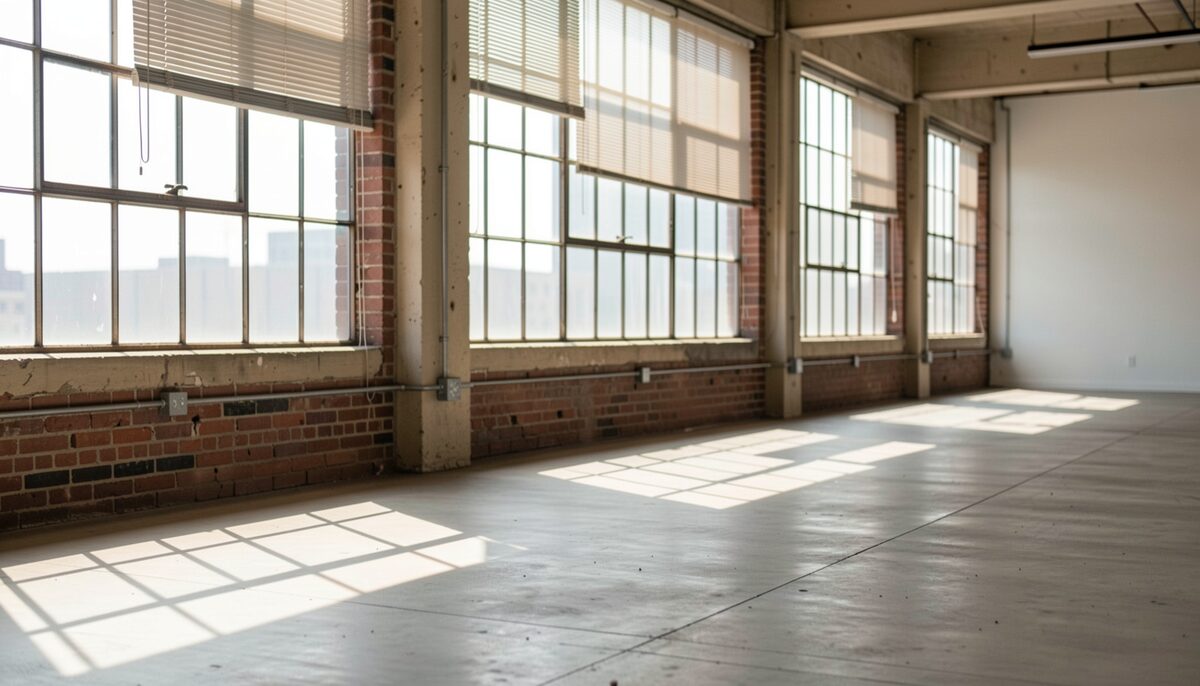 Interior of a loft with a row of tall factory windows, visible sun patch on a concrete floor and simple blinds pulled to one side.