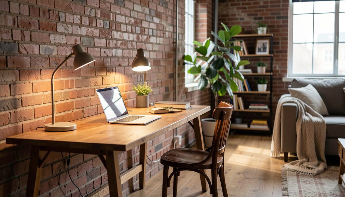 A simple desk with a laptop and lamp placed against a brick wall in a loft, with a chair and a plant separating it from the living area.